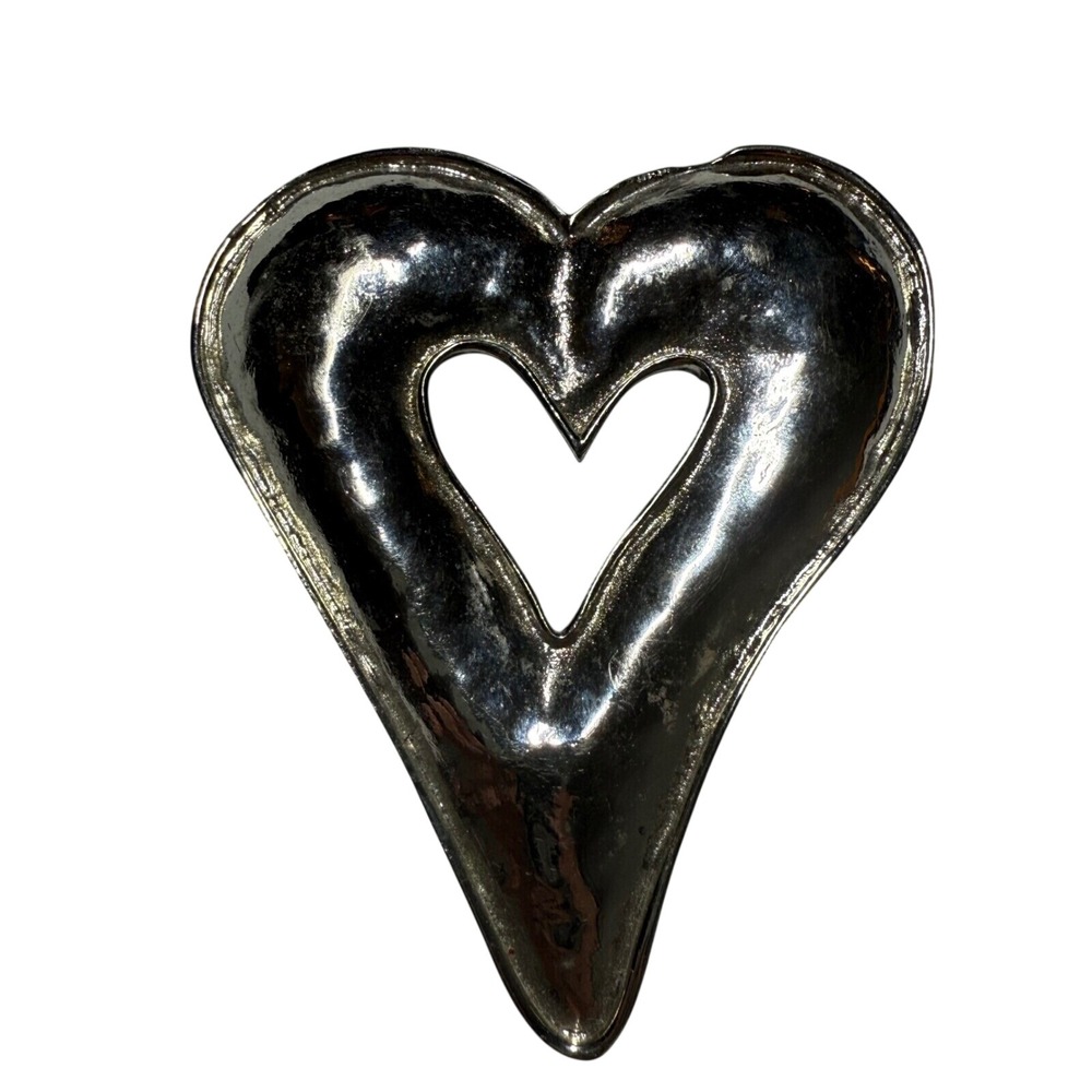 Vintage Oversized Open Heart Brooch Silver Tone Modernist Sculptural Statement